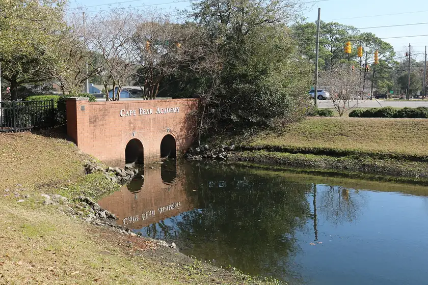 A calm retention pond with a grassy bank and trees