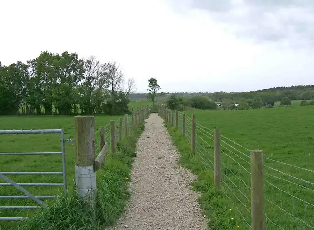A gravel footpath curving through green grass, with no walkers