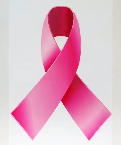 A pink breast cancer awareness ribbon on a white background