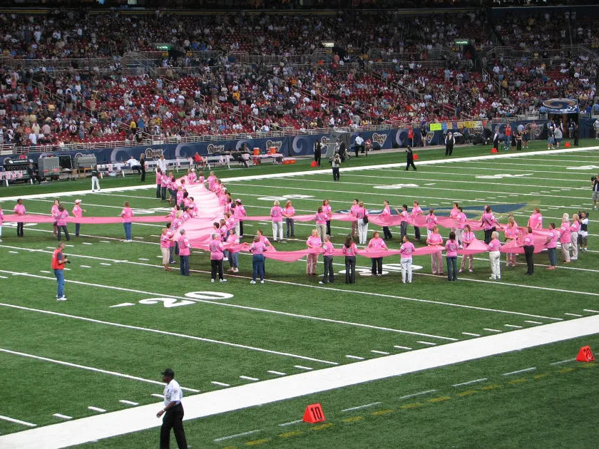 A pink breast cancer awareness ribbon tied to the trunk of a silver car