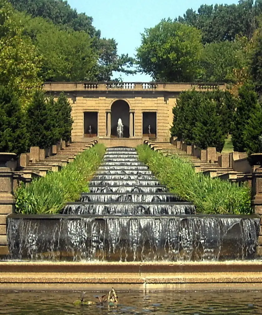 The cascading fountain and reflecting pool at Meridian Hill Park, with no crowd
